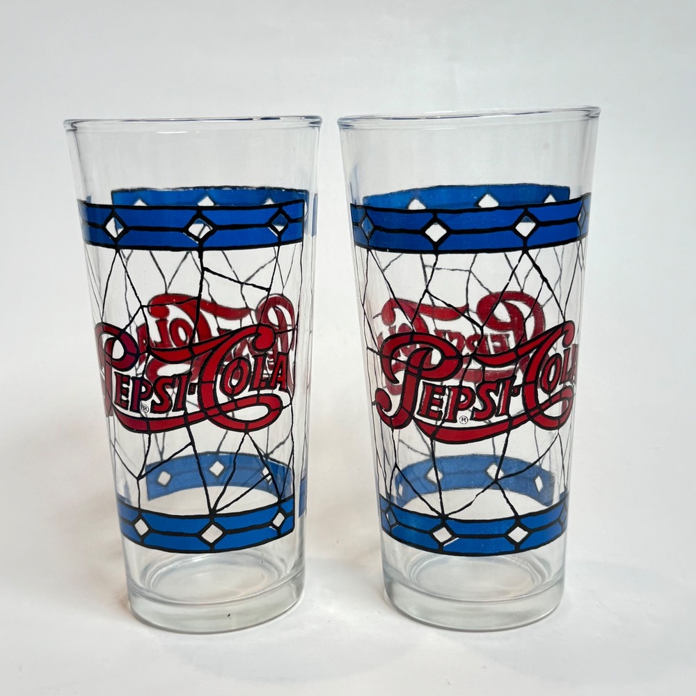 Vintage Pair of 70s Pepsi-Cola Stained Glass Tiffany Style Heavy Tumbler Glasses